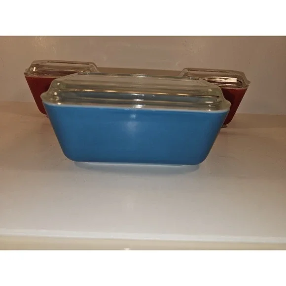 Vintage PYREX Refrigerator Dishes 3 Piece Set W 2 Lids 501, 502 Primary Colors - Picture 3 of 16